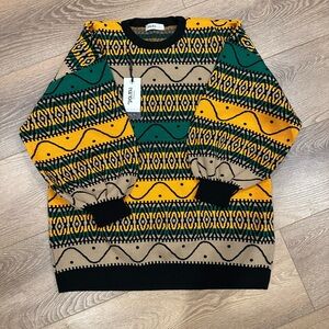 Vibrant & patterned oversized sweater with balloon sleeve -orange, green and tan